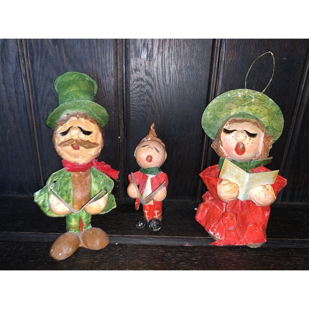 3 Paper Mache Christmas Caroler‎ Ornaments Vintage Figurines 6.5" Tall